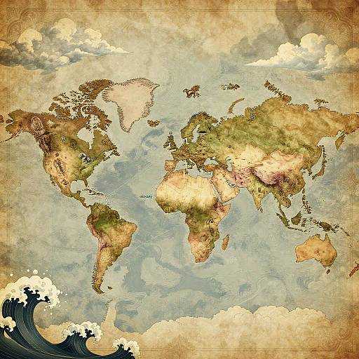 Vintage-style world map with textured, aged parchment background, showcasing continents in earthy tones, surrounded by stylized waves and clouds.