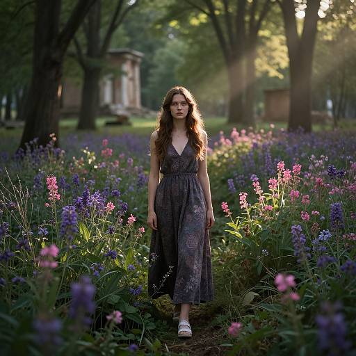 Photograph of a young woman with wavy brown hair, wearing a dark purple floral dress and white sandals, standing in a sunlit forest filled with