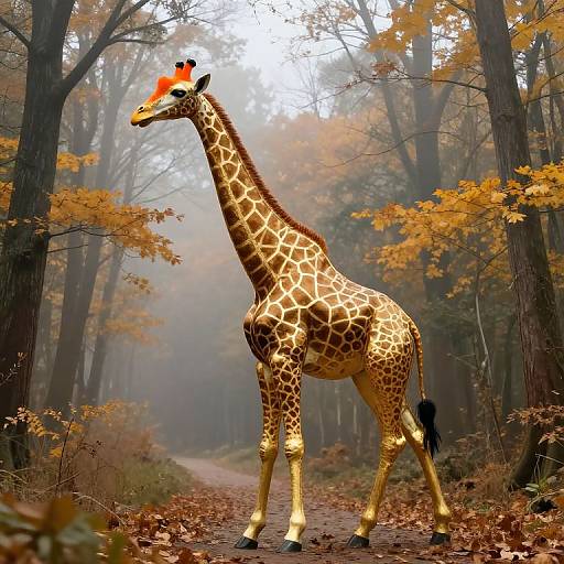 Photograph of a giraffe with a bright orange patch on its head standing on a misty, leaf-covered forest path during autumn.