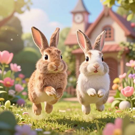 Whimsical Rabbits Leaping in Garden
