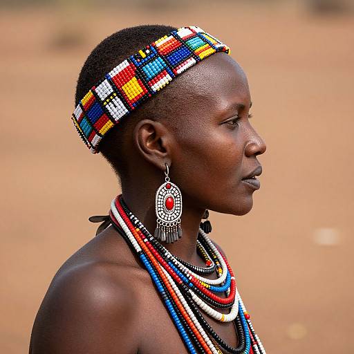 Photograph of a dark-skinned African woman with short hair adorned with a colorful checkered headband, wearing intricate bead necklaces and large circular earrings