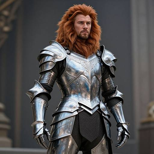 Photorealistic CGI of a muscular, red-bearded man in shiny medieval silver armor with a lion mane, standing in a grand, dark stone building