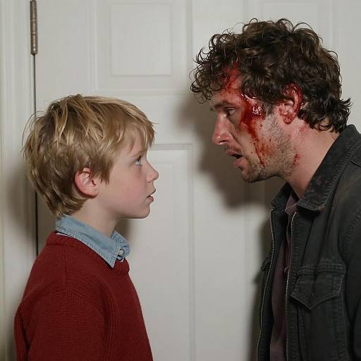 Intense Encounter: Boy and Man at Door