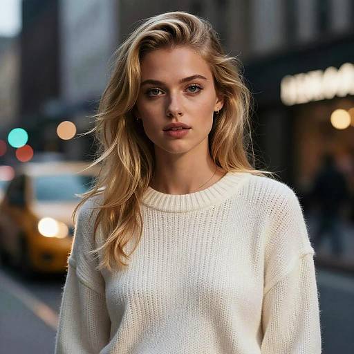 Photograph of a young blonde woman with wavy hair, wearing a white knit sweater, standing on a city street at night, with blurred yellow taxi