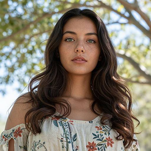 Photograph of a young woman with long, wavy dark brown hair, wearing a floral off-shoulder top, standing outdoors with sunlit trees