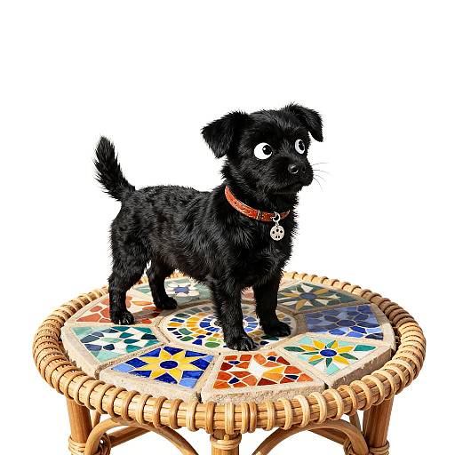 Black Dog on Mosaic Wicker Table