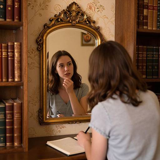 Photograph of a brunette woman in a grey shirt, writing in a notebook while staring at herself in an ornate gold-framed mirror, surrounded by