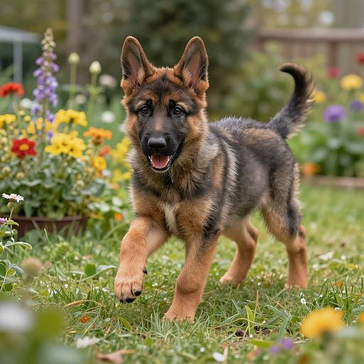 Photograph of a playful German Shepherd puppy with dark and tan fur, running through a vibrant garden filled with colorful flowers and green grass.