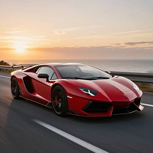 Photograph of a sleek, red Lamborghini Gallardo speeding on a coastal highway at sunset, with the ocean in the background.