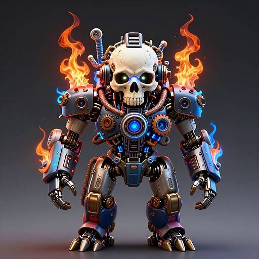 Digital artwork of a robotic skeleton with glowing blue eyes, flames on shoulders, and intricate mechanical parts, standing against a dark gradient background.