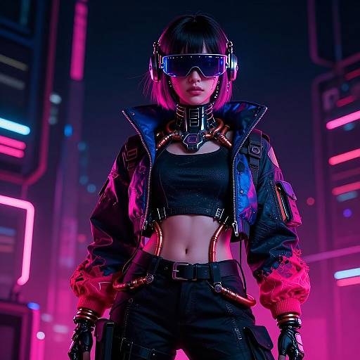 Cyberpunk woman with neon pink and blue hair, black crop top, high-tech jacket, goggles, and gloves, stands in a neon-lit