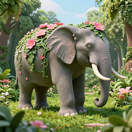 CGI image of a gray elephant adorned with pink flowers and green vines, standing in a lush, sunny forest clearing.