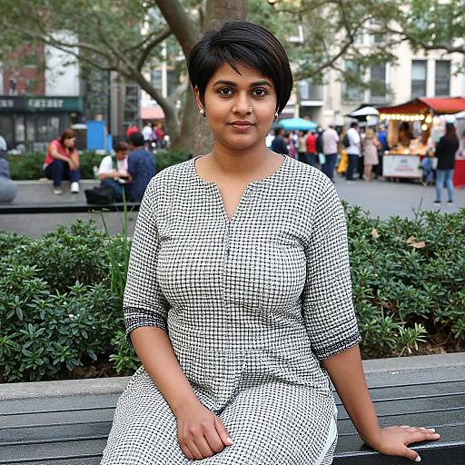 Photograph of a short-haired South Asian woman in a black-and-white checkered dress, sitting on a park bench, with a busy, blurred urban