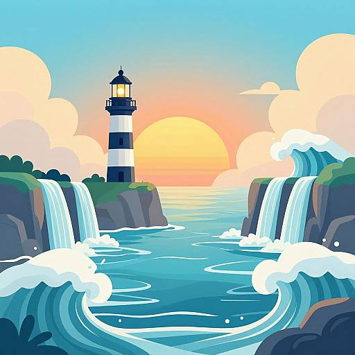 Digital illustration of a striped lighthouse between two cascading waterfalls, with a vibrant sunset and sun, set against a bright blue sky.