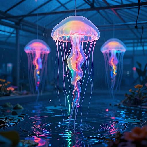 Vibrant, neon-colored jellyfish float in a dark, blue-lit aquarium, their glowing tentacles cascading down, creating ripples in
