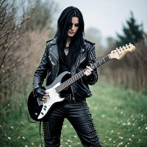 Female Gothic Metal Guitarist in Leather Outfit