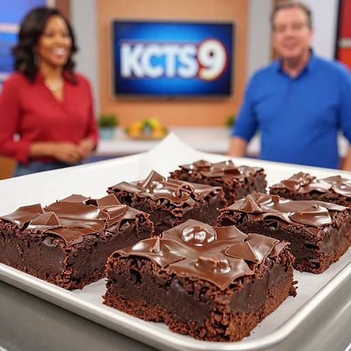 Photograph of rich, chocolate-frosted brownies on a white tray, with a blurred background featuring smiling TV hosts in red and blue shirts,