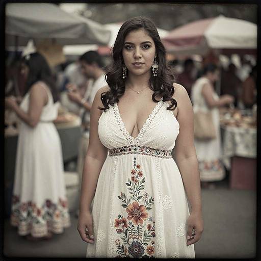 Photograph of a curvy, dark-haired woman with medium skin tone, wearing a white, deep V-neck dress with floral embroidery, standing in a