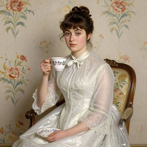 Photograph of a fair-skinned woman with dark hair in an updo, wearing a sheer white Victorian dress, holding a floral-patterned teac