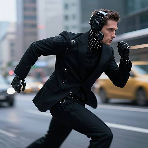 Photograph of a young man in a black suit, cybernetic headgear, and gloves, running through a city street with blurred yellow taxis and