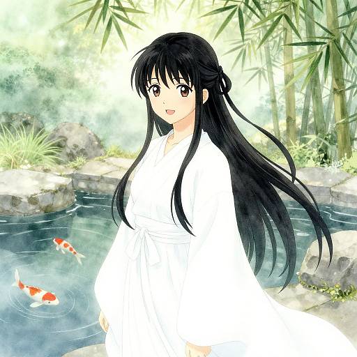 Anime-style digital drawing of a black-haired girl with long hair, wearing a white robe, standing by a serene bamboo pond with two orange and white k