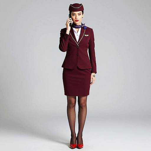 Airline stewardess in burgundy uniform with phone