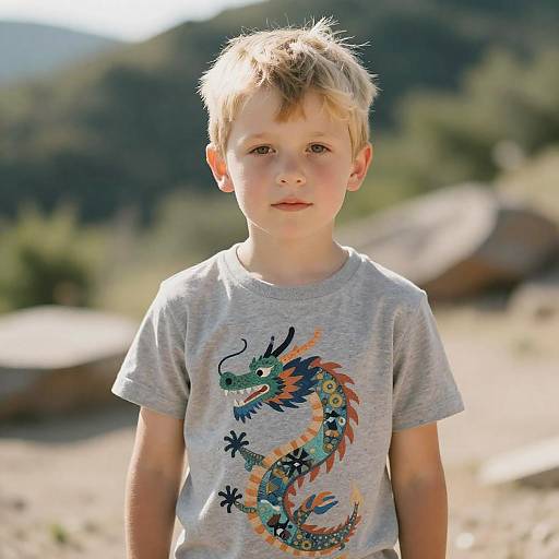 Young Blonde Boy in Dragon Tee