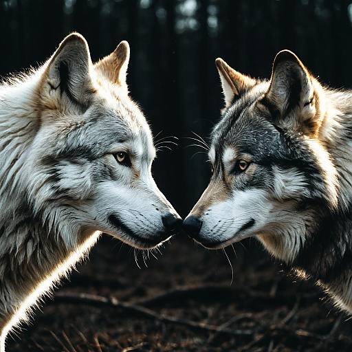 Two Wolves Facing Each Other in Forest