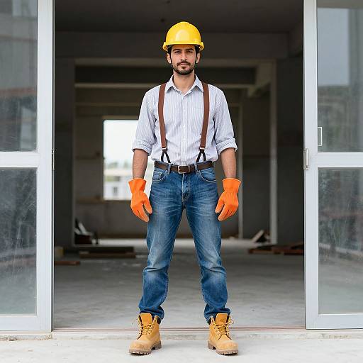 Photograph of a bearded man in a yellow hard hat, white striped shirt, blue jeans, orange gloves, and brown suspenders, standing in
