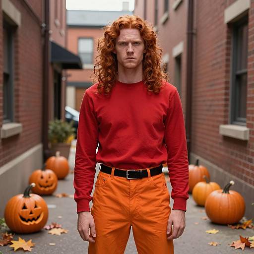 Man in Clifford Halloween Costume with Pumpkins