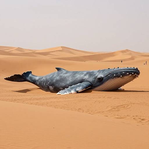 Photograph of a large, gray, whale-like creature with visible teeth, lying in an orange desert with sand dunes in the background. Bright,