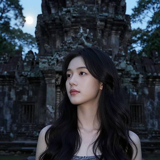 Photograph of an Asian woman with long, wavy black hair, pale skin, and neutral expression, standing in front of a dark, ancient stone