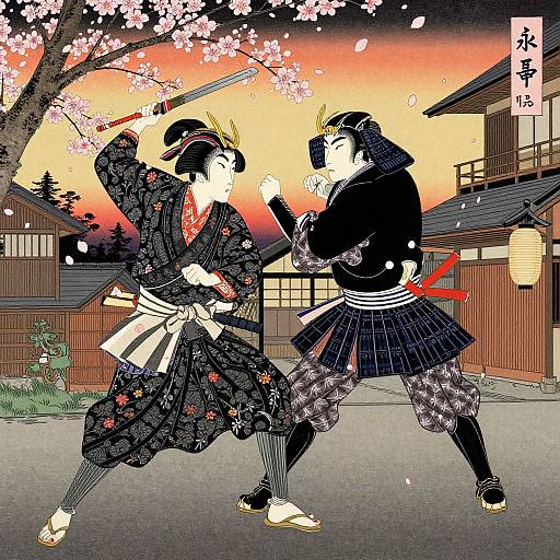 Digital artwork of two samurai in traditional black kimonos with floral patterns, fighting under cherry blossom trees at sunset. Japanese text on right.