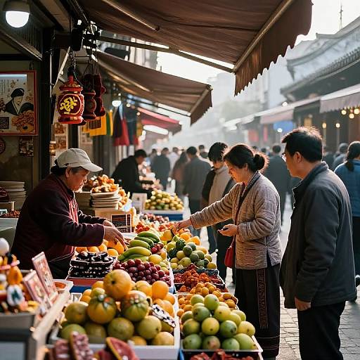 Photograph of a bustling outdoor market: vendor in hat, customers inspecting colorful fruits; crowded stalls, sunlight filtering through awnings.