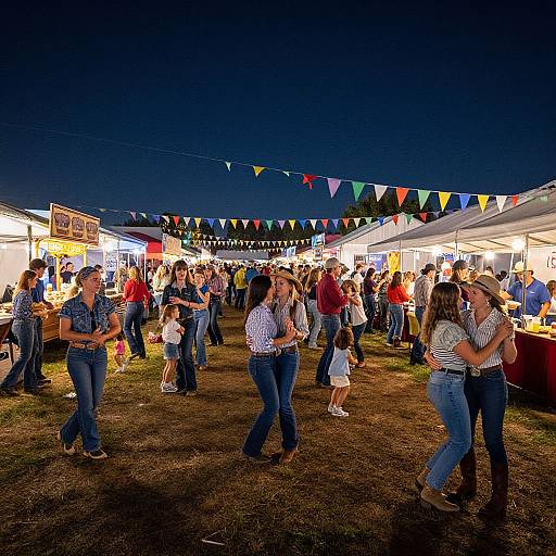 Nighttime outdoor festival with brightly lit food stalls, colorful pennant banners, diverse crowd, people dancing, children playing, blue denim jeans, checkered