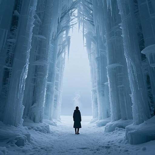 Photograph of a lone figure in a dark coat standing in an icy, blue-lit ice cave with towering icicles and snow-covered ground, facing