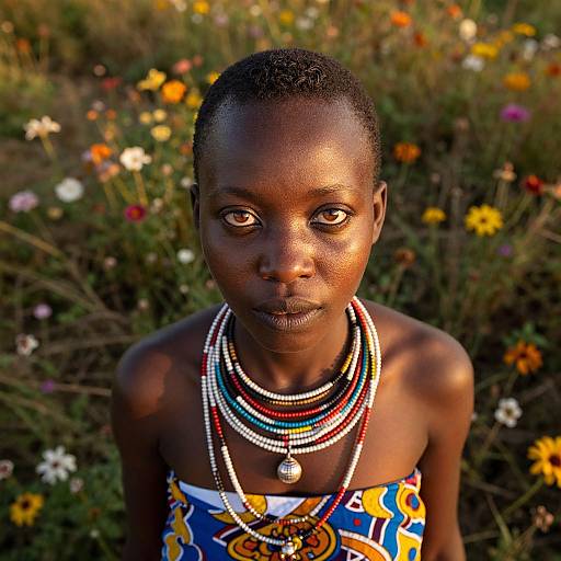 Photograph of a young African woman with short hair, dark skin, wearing colorful beaded necklaces and a vibrant dress, surrounded by blooming flowers