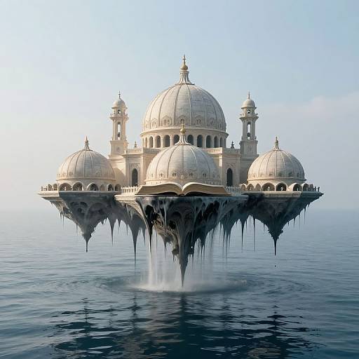 Photorealistic digital image of a floating, white, domed structure with three main domes and smaller towers, rising above calm ocean water.
