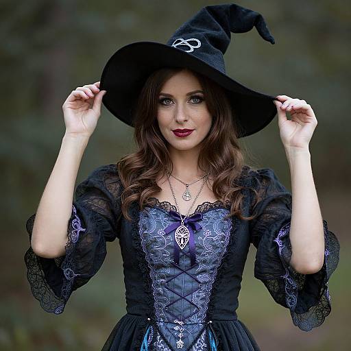 Photograph of a fair-skinned woman with blue eyes, wearing a black witch hat and lace-trimmed, blue and black corset dress,