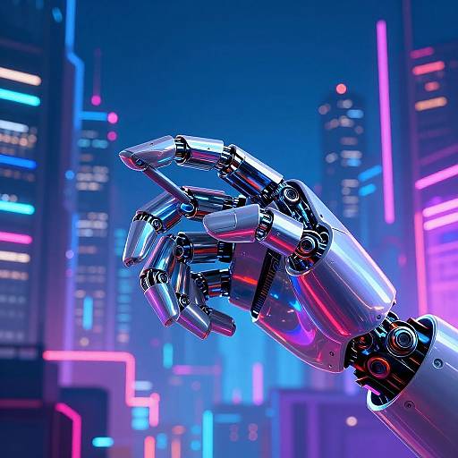 Photorealistic CGI of a metallic, robotic hand with glowing neon accents, raised in a futuristic cityscape of vibrant blue and pink lights.