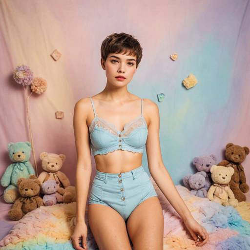 Young Woman in Pastel Lingerie with Teddy Bears
