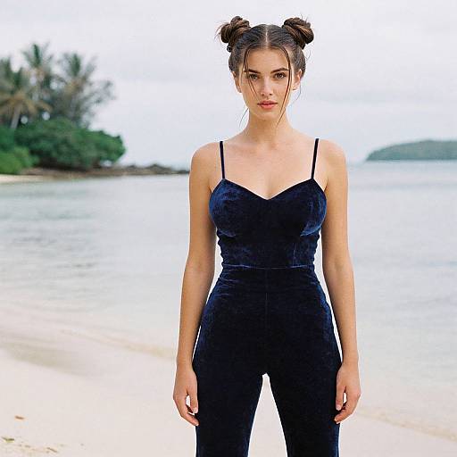 Photograph of a young woman with fair skin and dark hair in double buns, wearing a black velvet jumpsuit, standing on a beach with a