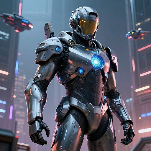 CGI image of a futuristic, silver armored superhero with glowing blue lights, standing in a neon-lit, cyberpunk cityscape.