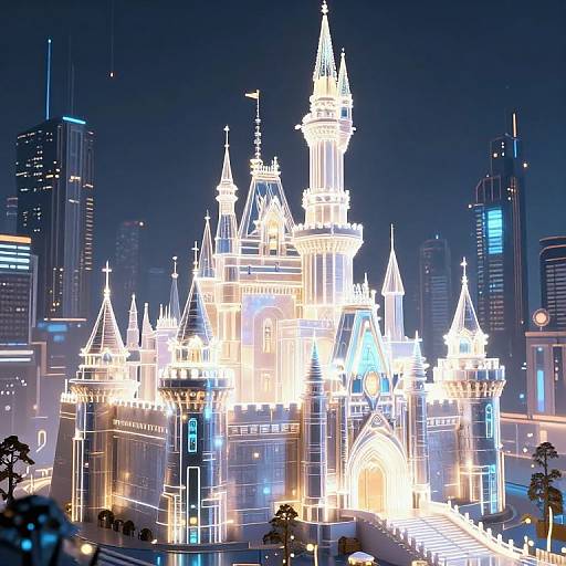 Photograph of a brightly illuminated, white, fairy-tale castle in a modern cityscape at night, surrounded by tall, dark skyscrapers.