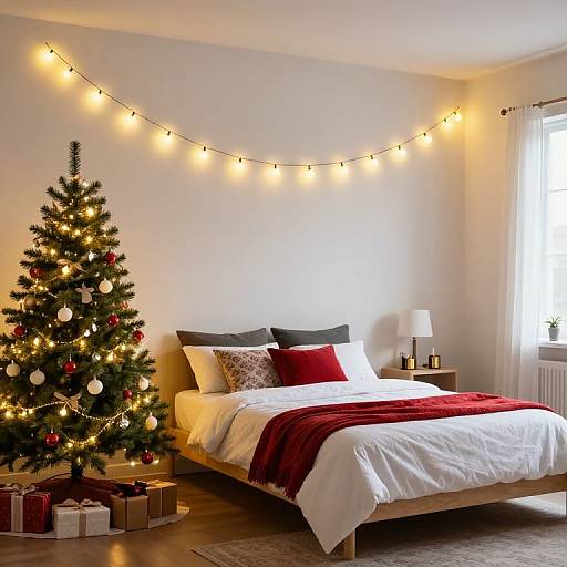 Cozy Christmas-themed bedroom with a decorated tree, string lights, white-walled room, wooden floor, bed with red and white pillows, and gifts