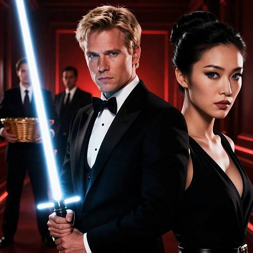 Movie Poster with Man Holding Lightsaber and Woman in Black Dress