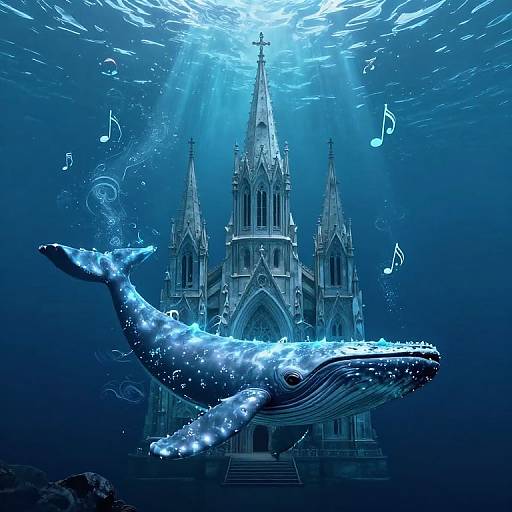 Digital artwork of a glowing blue whale in front of an underwater Gothic cathedral, with sunlight rays and musical notes.