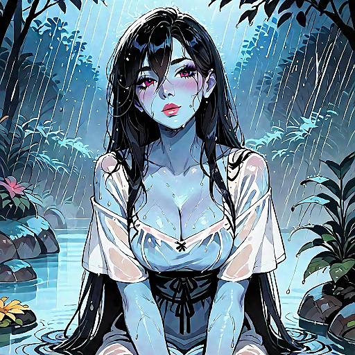 Rain-Soaked Long-Haired Anime Girl at Night