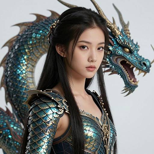 Digital artwork of an Asian woman with long black hair, wearing blue and gold dragon-scale armor, standing in front of a fierce blue dragon with yellow horns