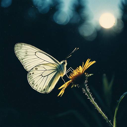 Ethereal Butterfly on Yellow Flower at Twilight
